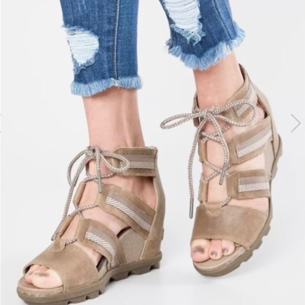 Sorel Joanie II Lace Up Open Toe Comfort Wedge Sandal Taupe Tan Womens Size 11